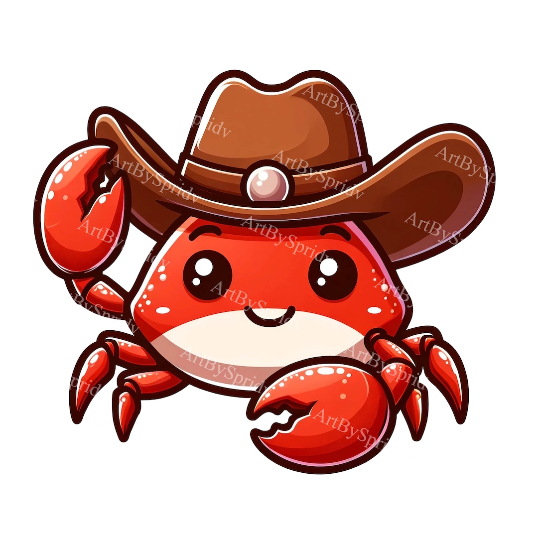 Westernthemed Red Crab Digital Clipart, Printable Cowboy Crab PNG for