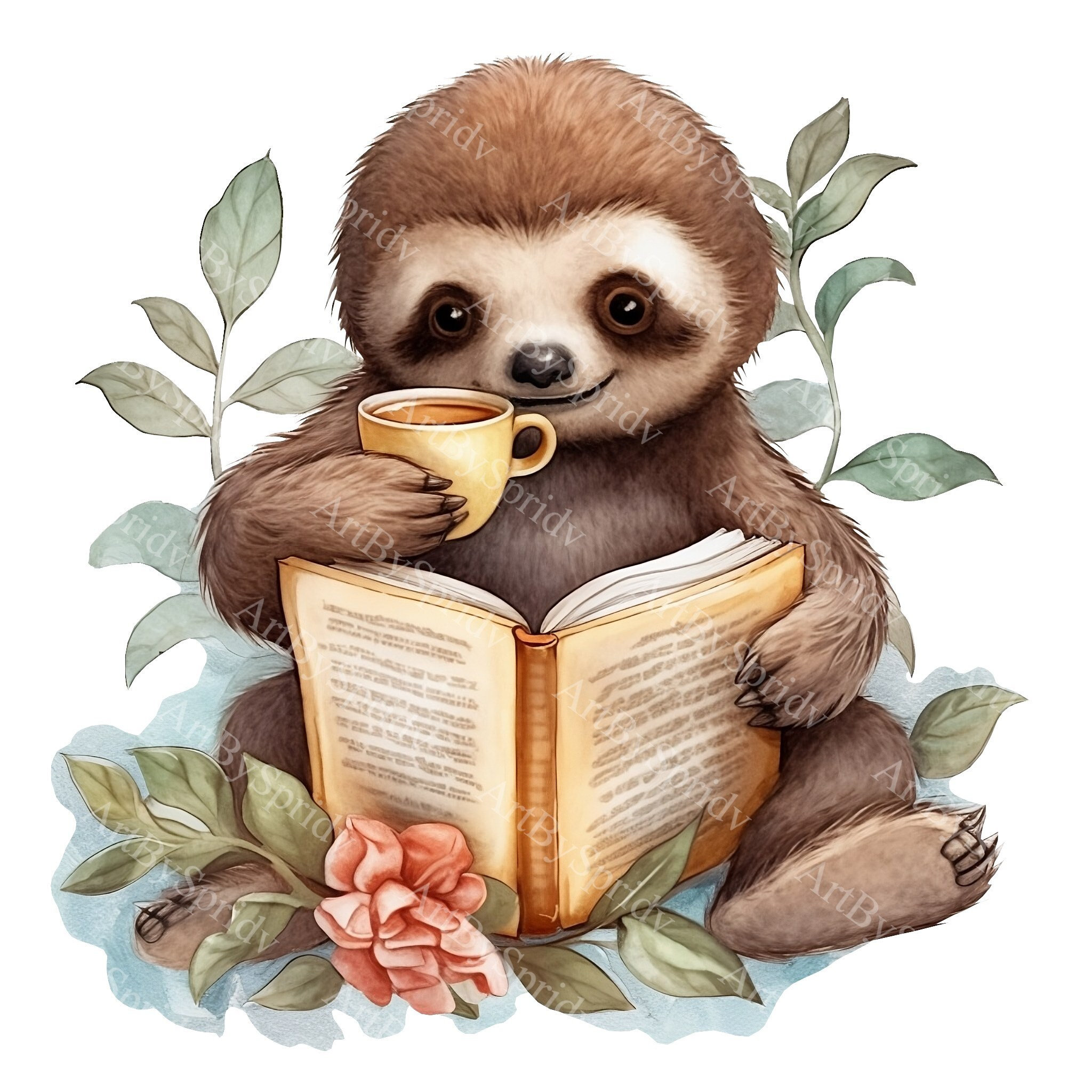 Sloth With Cup Of Tea And Book PNG Clipart,Transparent Forest Animal Lover Print,Kids Clip Art Design,DIY Printable Sublimation Tshirt, Mug