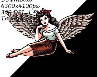 ヴィンテージ ピンナップ ガール 天使の羽 PNG クリップアート、レトロ