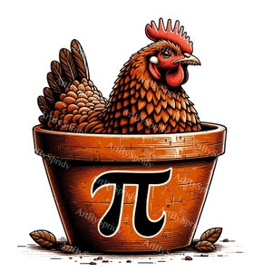 May include: A brown and orange rooster sits inside a terracotta flower pot with the mathematical symbol pi printed on the front.