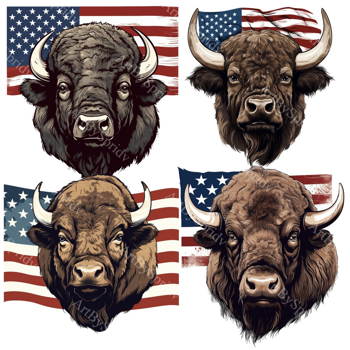 Buffalo Head Clipart With American Flag,patriotic Bison Digital Art
