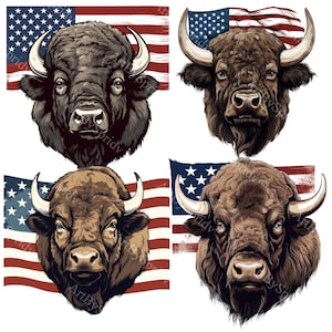 Può includere: Quattro immagini di bisonti marroni con sfondi di bandiera americana. I bisonti sono di fronte con la testa alta. Le bandiere sono rosse, bianche e blu con stelle.