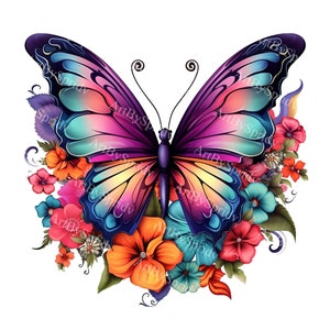 Vibrant Colorful Butterfly PNG Clipart with Floral Accents - High Resolution PNG for Digital Clip Art, Scrapbooking, and DIY Craft Projects