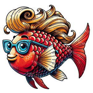 Whimsical Fish Clipart - Colorful Aquatic Cartoon Fish with Glasses, Transparent Digital Clip Art, Instant Download for Crafts and Decor