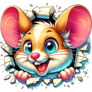 Cartoon Mouse 3D Wall Break PNG, Clipart realistico per maglietta, tazza, bicchiere, sublimazione, scrapbooking - Design di clip art per download digitale