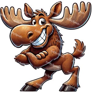Cartoon Elch PNG, spielerisch lächelnder Elch Clipart, niedliches Waldtier digitale Kunst, wunderliches Wildtier Sublimationsdesign, rustikales Hüttendekor