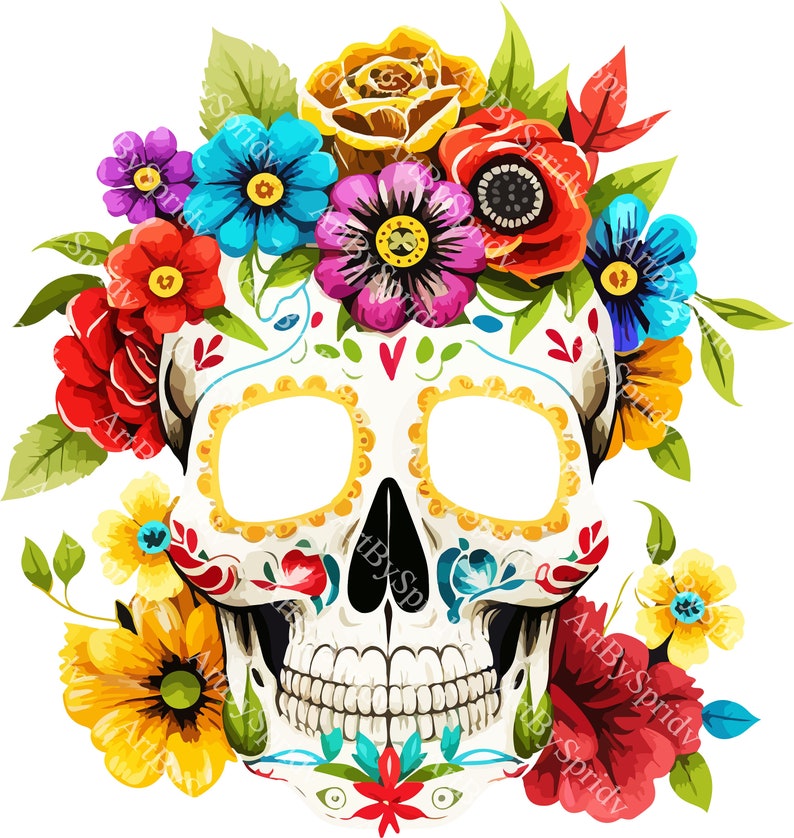Day of the Dead Sugar Skull PNG Clipart With Flowers, Dia De Los ...