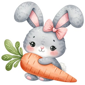 Aquarell Hase Clipart mit Schleife & Karotte - Niedliches Kaninchen Digital PNG für DTG, T-Shirts, Tassen, Becher, Scrapbooking und Sublimationsdesign