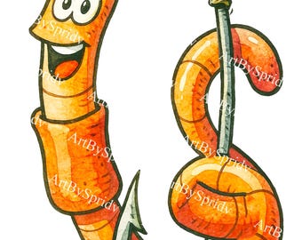 Funny Worm on Fishing Hook PNG Clipart – Bait Worm for Fisherman, Kids Fishing Birthday, Father’s Day, Sublimation, Stickers Transparent DIY