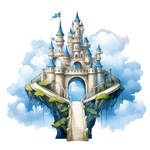 May include: A white and blue fairytale castle with towers and spires sits on a floating island with a winding path leading to a stone staircase. The castle is surrounded by fluffy white clouds.