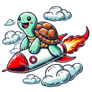 Entzückende Schildkröte, die Rakete reitet, Karikatur, Entwurf transparentes PNG für Kinder-T-Shirts, Becher, Aufkleber, Kinderzimmerdekor, einzigartiger digitaler Download, DIY