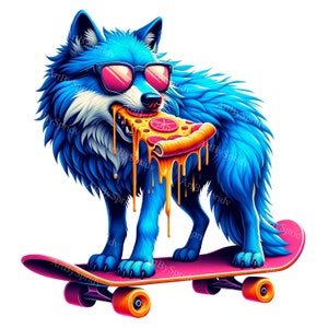 Skateboarding Wolf Clipart - Cool Wolf with Sunglasses & Pizza PNG for T-Shirts, Mugs, Tumblers, DTG, Sublimation, Scrapbooking Download