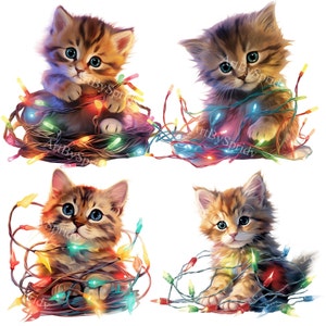 Kitten Tangled in Christmas Lights PNG Clipart Bundle,Cute Holiday Illustration, Digital Festive Pet for DIY Project,Scrapbooking,Card,Decor