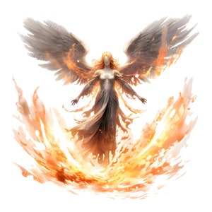 Fiery Angel with Majestic Wings & Radiant Light PNG Clipart, Ethereal Angelic Clip Art for Digital DIY Craft, Creative Designs, T-Shirt, Mug