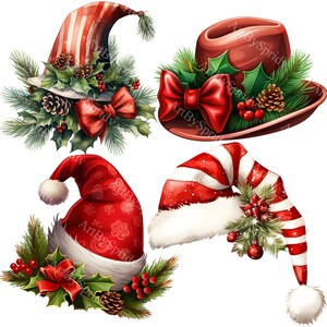 Festive Christmas Hat PNG Clipart Bundle, Santa Hats, Holiday Witch Hats with Holly & Pine, Digital Download for DIY Crafts, Cards, Decor