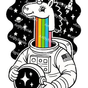Unicornio astronauta PNG clipart, arte surrealista con cabeza de arcoíris espacial, ilustración de unicornio cósmico psicodélico, imprimible de sublimación divertido para soñadores