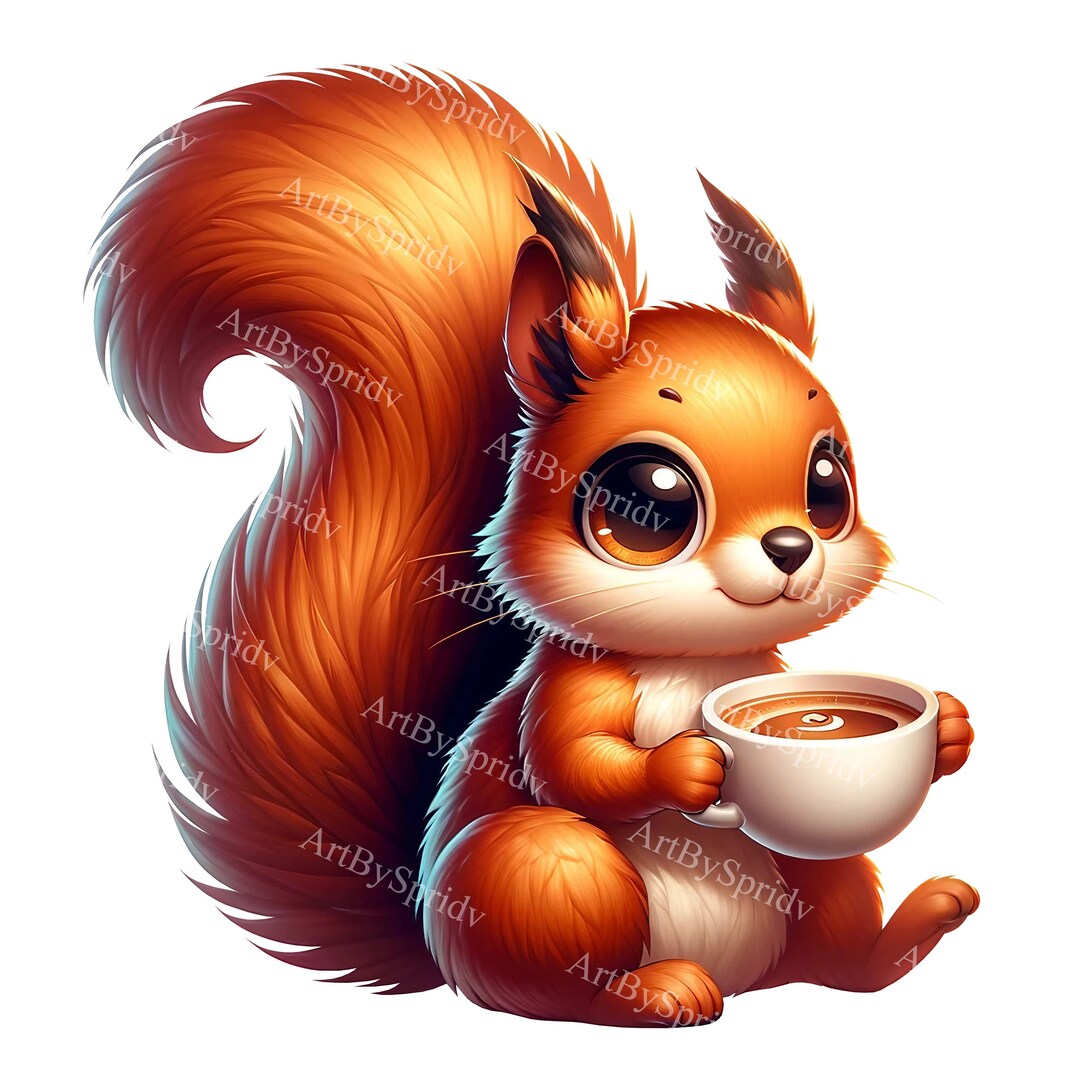 Adorable Squirrel Clipart With Coffee Cup - Perfect for T-shirts, Mugs ...
