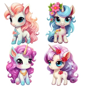 4er Pack süßes Cartoon Baby Einhorn transparente PNG Clipart - druckbares T-Shirt, Tasse Sublimation Clip Art - kommerzielle Nutzung, Kinderzimmer Babyparty
