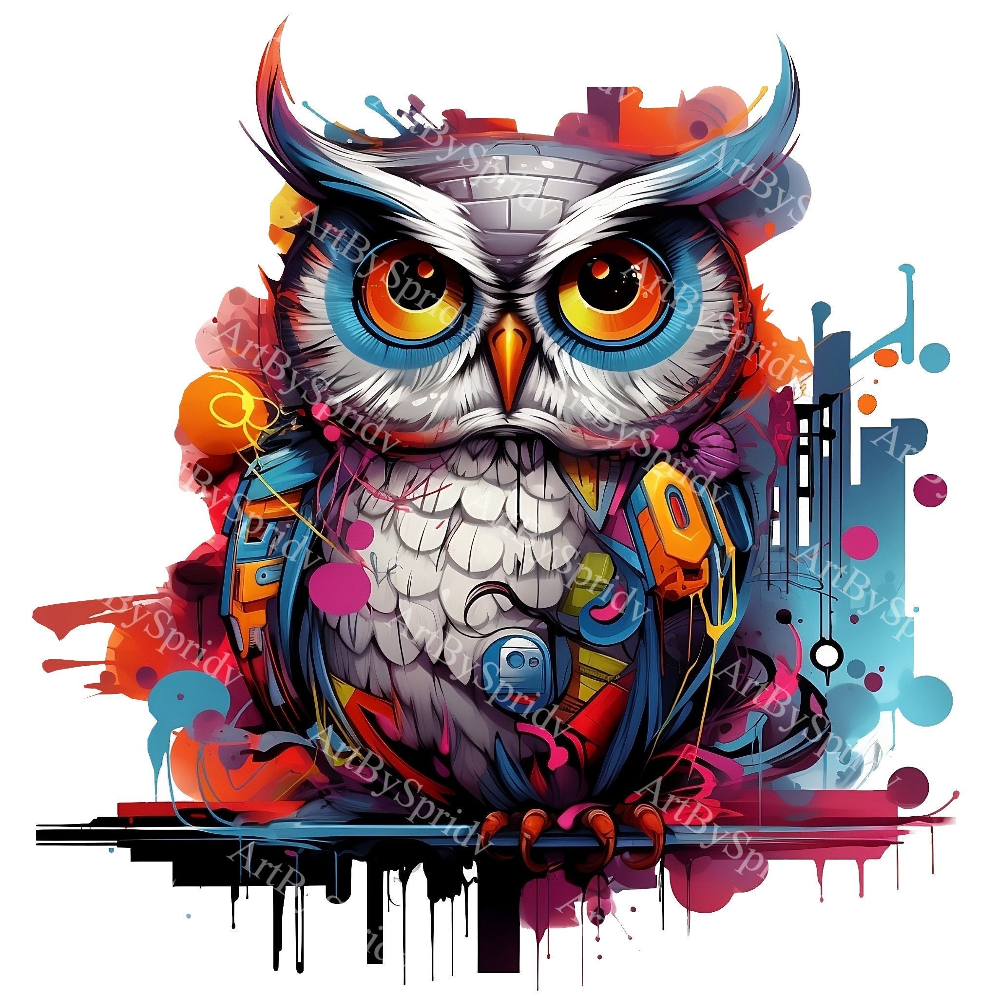 Urban Graffiti-Style Owl Clipart PNG, Street Clip Art Bird, Vibrant Illustration for Digital Clip Ar