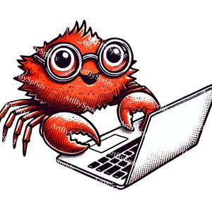 May include: A red crab wearing glasses is using a laptop computer. The crab has large, round eyes and a wide smile.