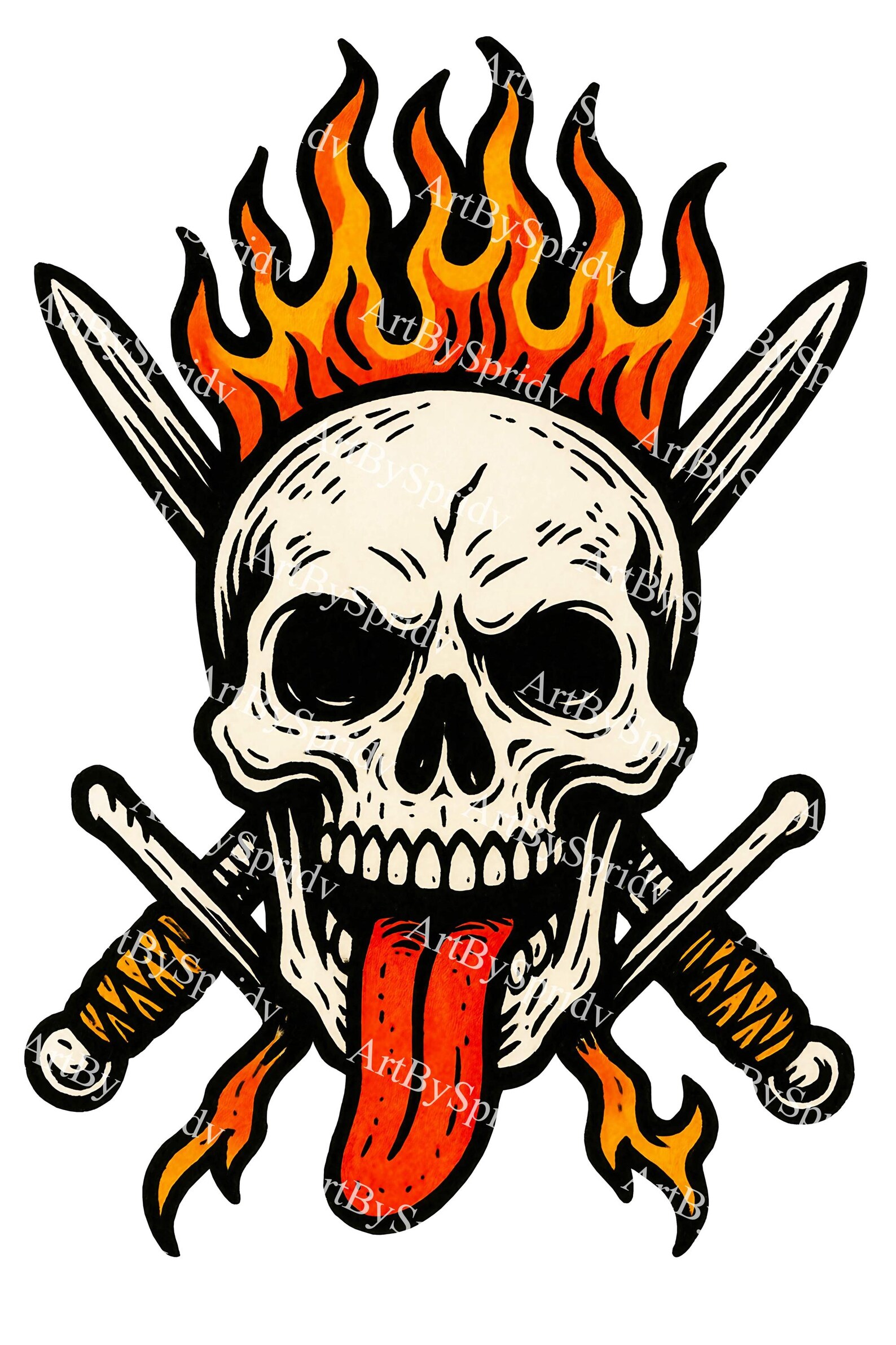 Flaming Skull With Swords PNG Clipart, Rock Punk Tattoo Skull With Fire ...