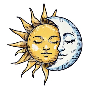 Boho Celestial Sun & Moon PNG Clipart, Spiritual Celestial Illustration Clip Art for T-Shirt Sublimation, Mystic Scrapbooking, Illustration