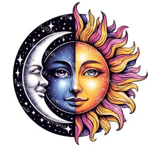 Celestial Sun & Moon Face PNG Clipart, Mystical Cosmic Day and Night Illustration Clip Art, Boho Astrology, Witchy Lunar and Solar Design