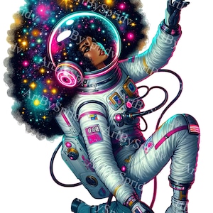 Clipart de astronauta galáctico - Exploradora cósmica femenina PNG - Descarga digital con temática espacial para sublimación imprimible, proyecto de manualidades de bricolaje