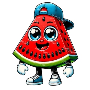 Adorable Watermelon Slice Cartoon Clipart, Cute Kawaii Fruit Character PNG, Summer Party Digital Download, Kids Fun Illustration, Commercial