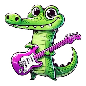 Krokodil spielt E-Gitarre PNG Clipart, Spaß Grün Gator Musikliebhaber Clip Art - Digitaler Download für Kinder DIY Handwerk, Aufkleber, Einladung