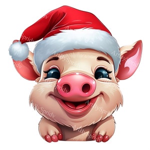 Adorable clipart de cerdo navideño / Lindo clip art de cerdo con gorro de Papá Noel transparente / Archivo digital navideño para manualidades, tarjetas y sublimación de camisetas