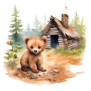 Cozy Woodland Cabin Clipart: Watercolor Bear & Forest Scene, Transparent PNG Clip Art for DIY Crafts, Printable Sublimation and Home Decor