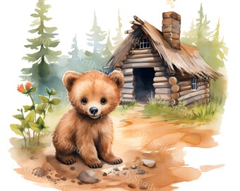 Cosy Woodland Cabin clipart: aquarel beer en bosscène, transparante png-illustraties voor doe-het-zelvers, afdrukbare sublimatie en woondecoratie