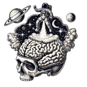 Cráneo de astronauta surrealista PNG, arte de tatuaje de ciencia ficción cósmica, ilustración psicodélica espacial, impresión digital gótica para camisetas y calcomanías