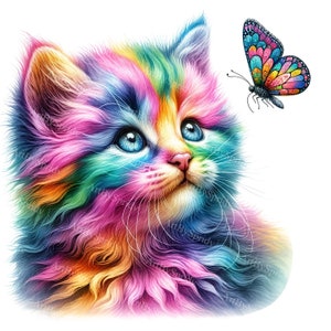 Watercolor Rainbow Kitten Clipart - Colorful Butterfly Cat PNG for T-Shirt, Mug, Tumbler Sublimation & Scrapbooking - Digital Printable Art