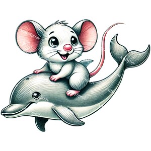 Cute Mouse Riding Dolphin PNG | Adorable Kawaii Animal Clipart | Whimsical Ocean Fantasy Clip Art | Transparent Cartoon Sublimation Design