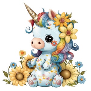 Cute Unicorn Floral PNG Transparent Animal Clipart Kids - Etsy