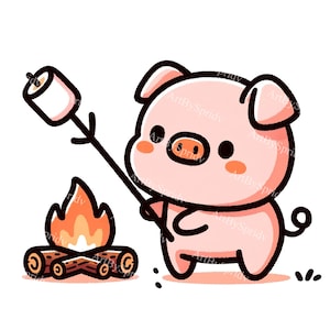 Adorable Cartoon Pig Roasting Marshmallow | Cute Animal Clipart for DTG Sublimation & Crafts | Digital Download for DIY Projects,Invitations
