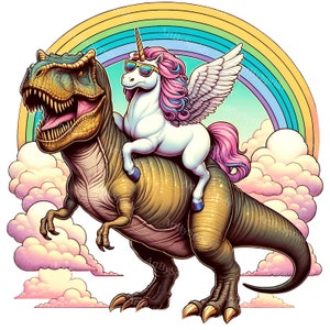 Unicorn Riding on T-Rex Clipart - Digital PNG for T-Shirt, Mug, Tumbler Sublimation & Scrapbooking - Cartoon Dinosaur, Rainbow,Clouds Design
