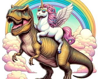 Unicorn Riding on T-Rex Clipart - Digital PNG for T-Shirt, Mug, Tumbler Sublimation & Scrapbooking - Cartoon Dinosaur, Rainbow,Clouds Design