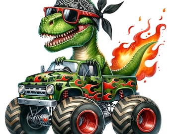 May include: A green dinosaur wearing a bandana and sunglasses drives a green monster truck with flames on the side. The truck has large black tires and red accents.