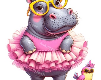 May include: A gray hippopotamus wearing a pink tutu and yellow glasses. A small yellow bird with pink accents and sunglasses is standing to the right of the hippo.