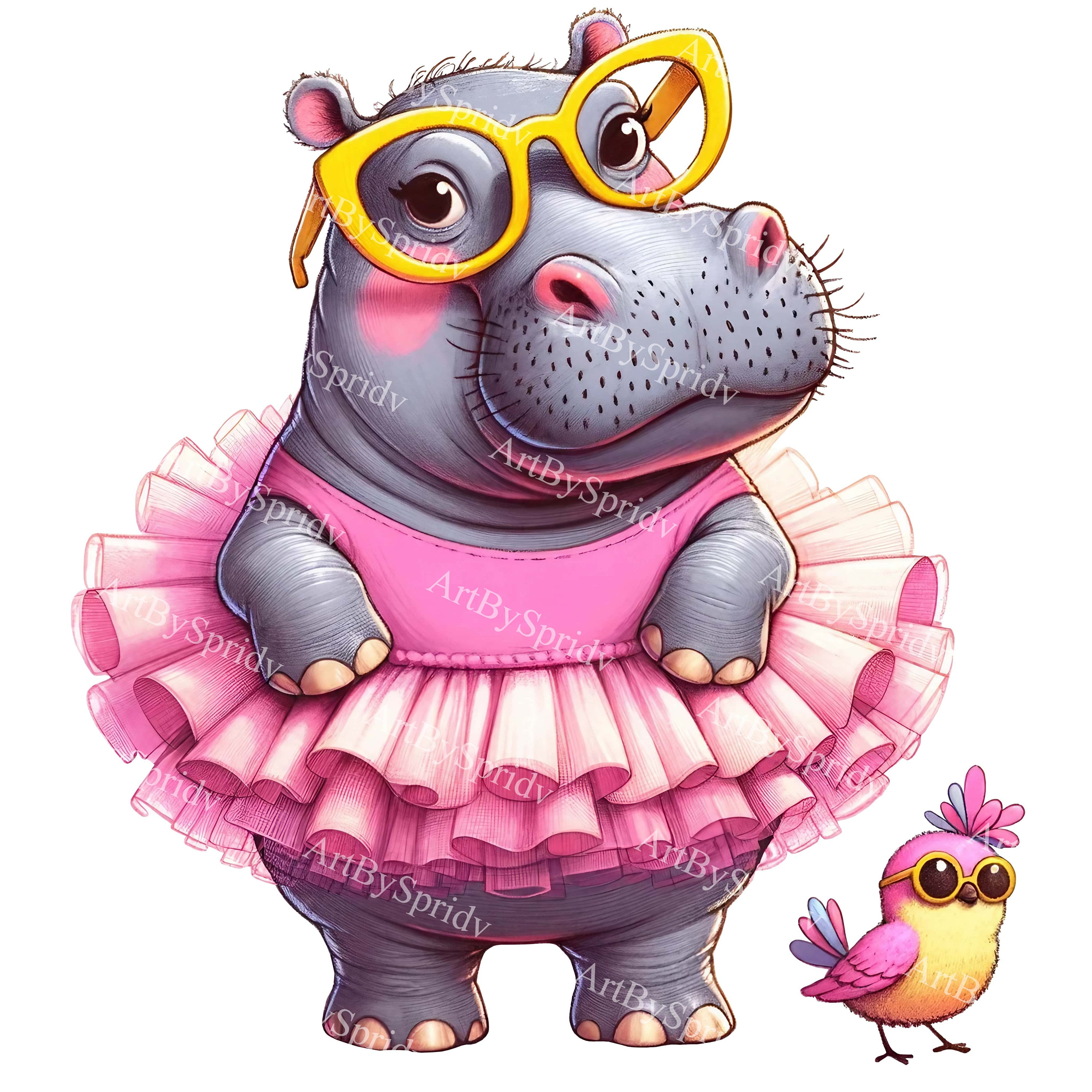 hippo in a pink dress Cartoon Hippo Lady in Pink Dress Holding Umbrella with Cute Facial Expression Stock Illustration