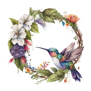 Corona floral de colibrí en acuarela, clipart / PNG transparente / Descarga digital inspirada en la naturaleza para manualidades, invitaciones, sublimación de camisetas