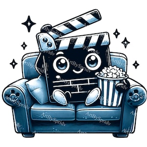 Cute Kawaii Movie Clapperboard Clipart-Adorable Film Slate Character with Popcorn on Couch-Instant Digital Download for Movie Night Designs