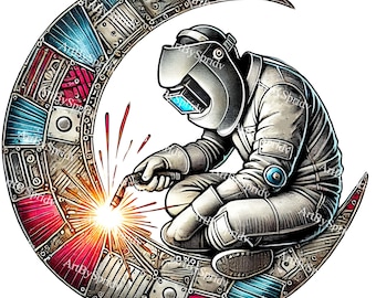 May include: A welder wearing a white welding helmet and a white jumpsuit is welding on a crescent moon shaped metal object. The object is made of metal pieces with red, white, and blue accents.