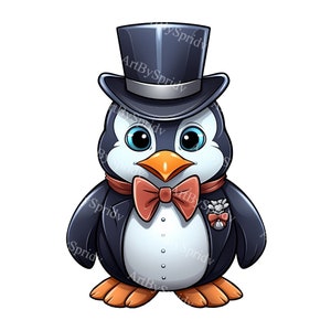 Elegant Penguin in Tuxedo with Top Hat & Bowtie PNG Clipart, Cute Animal Clip Art for DIY Crafts, Invitations, Tee, Mug Sublimation Design