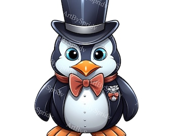 Elegant Penguin in Tuxedo with Top Hat & Bowtie PNG Clipart, Cute Animal Clip Art for DIY Crafts, Invitations, Tee, Mug Sublimation Design