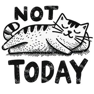 今日はダメ猫クリップアート PNG | 面白い怠け猫デザイン | リラックスした猫のイラスト透明ダウンロード | ステッカーや装飾用のかわいい猫ユーモアアート