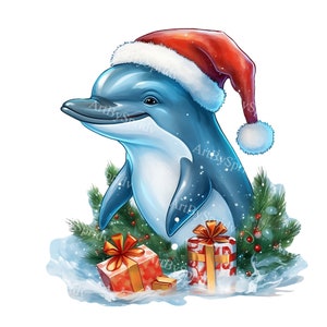 サンタ帽子をかぶったクリスマスイルカの透明なPNGクリップアート、子供/大人の漫画デザイン、印刷可能な昇華、商業、魔法の動物のクリップアート